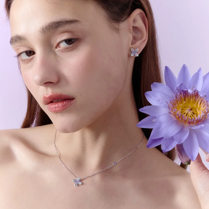

Inlaid Zircon Lilac Pendant Necklace Stud Earrings Set Women's Chain Earring Sets Girls Cute Jewelry