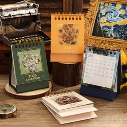 1 pc 2025 Vintage Mini Bronzing Painting Desk Calendar Tabletop Flip Monthly Calendar Student Notepad Schedule Planner Calendar