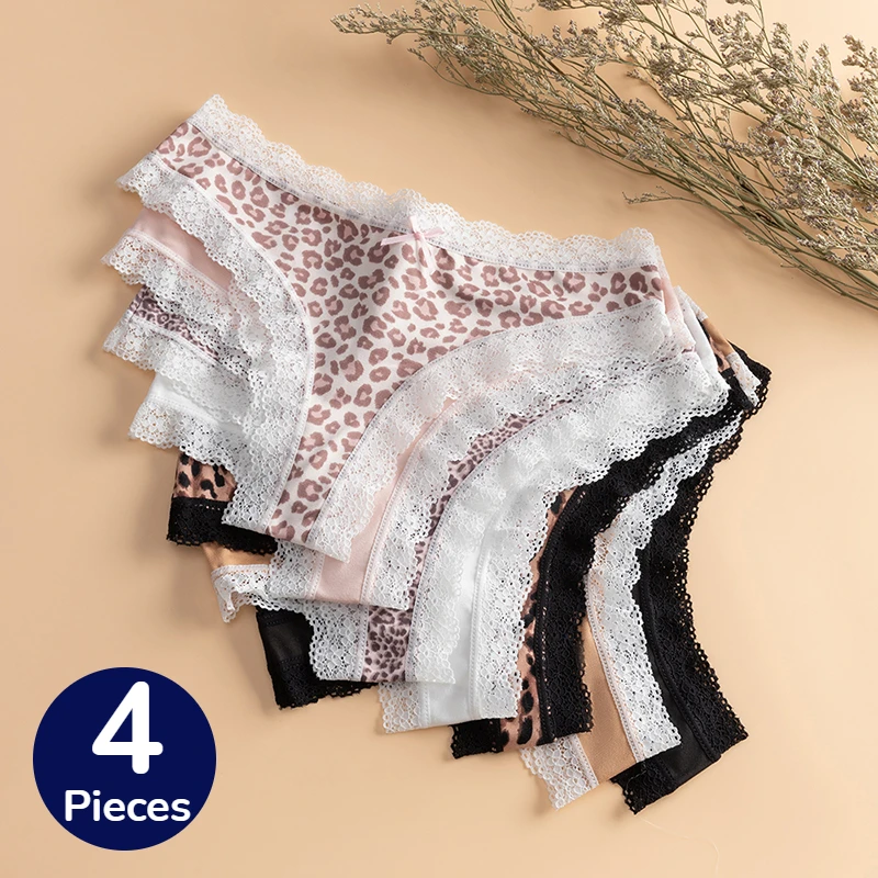 WarmSteps 4 Stück Spitzen-Damenhöschen, französische Tangas, Leopardenmuster, sexy Dessous, Blumen, weiche Unterwäsche, bequeme, atmungsaktive G-Strings