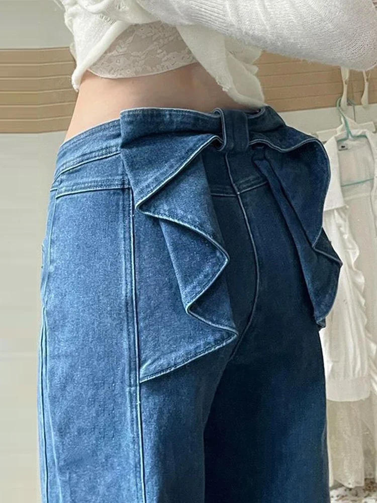

Gothic Y2K Women's High Waist Flare Denim Jeans with Big Bow Ruffles Design 2000s Sweetheart Stylish Female Slim Casual Trousers