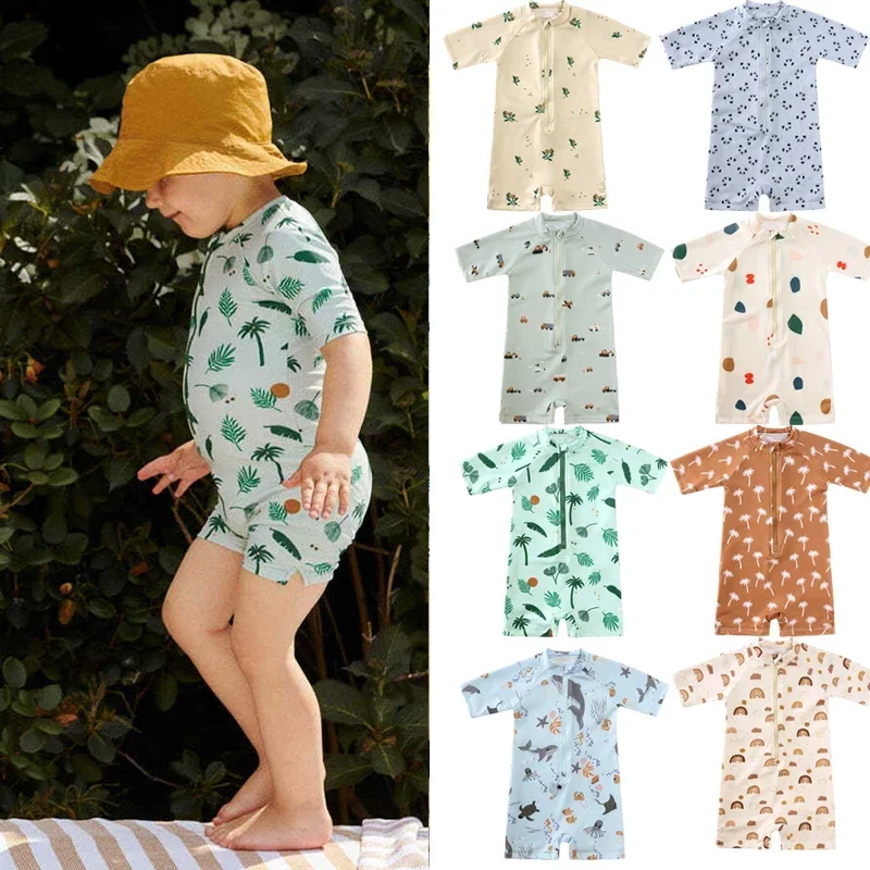 

2025 Summer Baby Swimwear Romper Print Cap+Bodysuit 2 Pcs Polyester Bathing Swimming Clothes 9M-7T For Children Kids Swimsuits