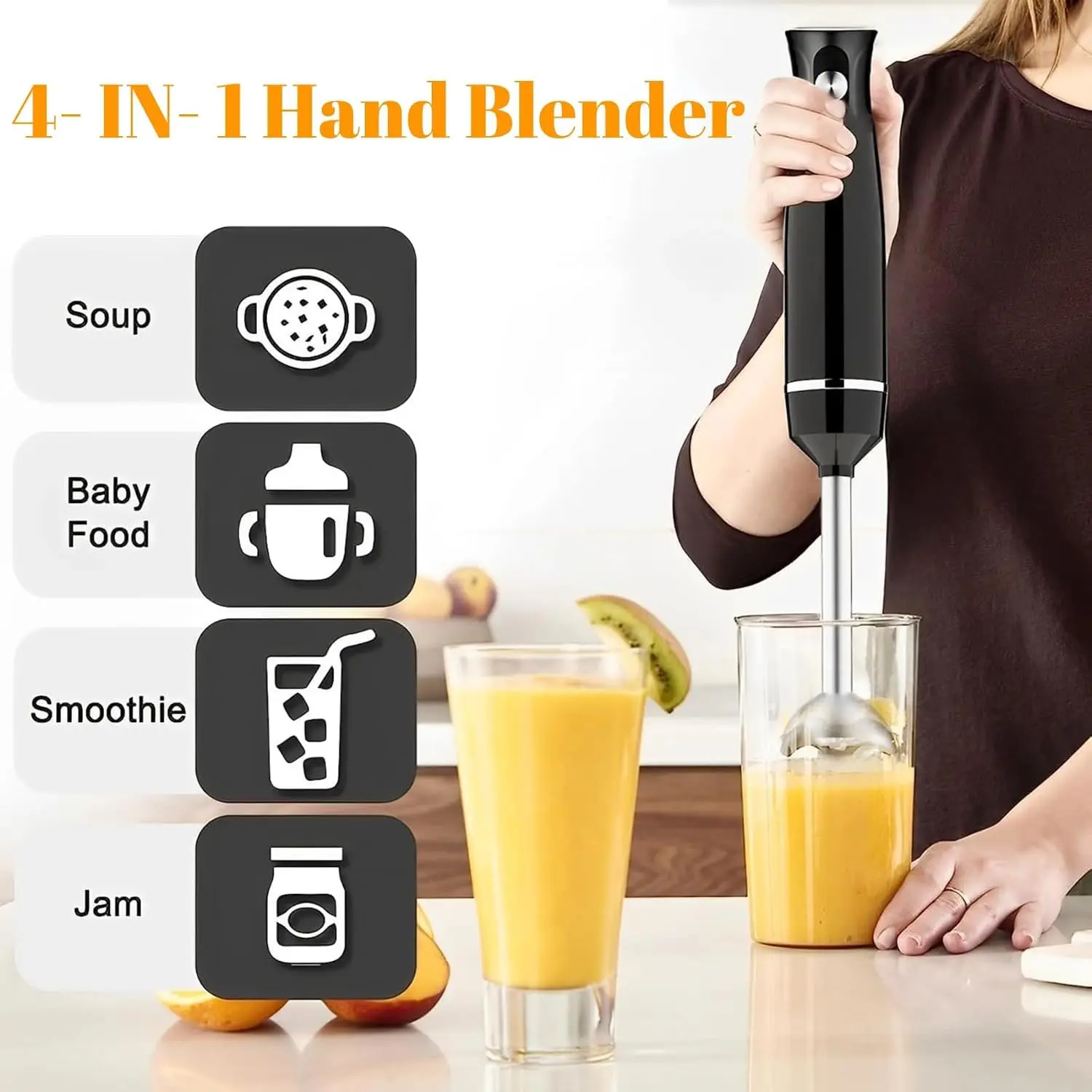 Hand Blender 4-in-1 Hand Mixer Super Powerful Electric Chopper Whisk Meat Food Processor Stainless steel BPA-Free