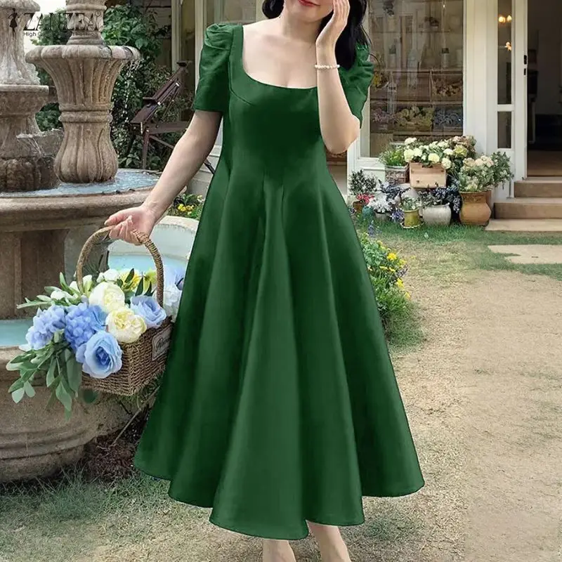 ZANZEA Elegant Women Wedding Party Dress Satin Silk Long Sundress Summer Short Sleeve Square Collar Sexy Solid Color Vestidos