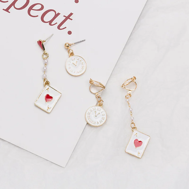 Asymmetric Clock Playing Card Earrings for Women Girls Red Heart Spade Poker Pendant Ear Accessories Jewelry Gifts