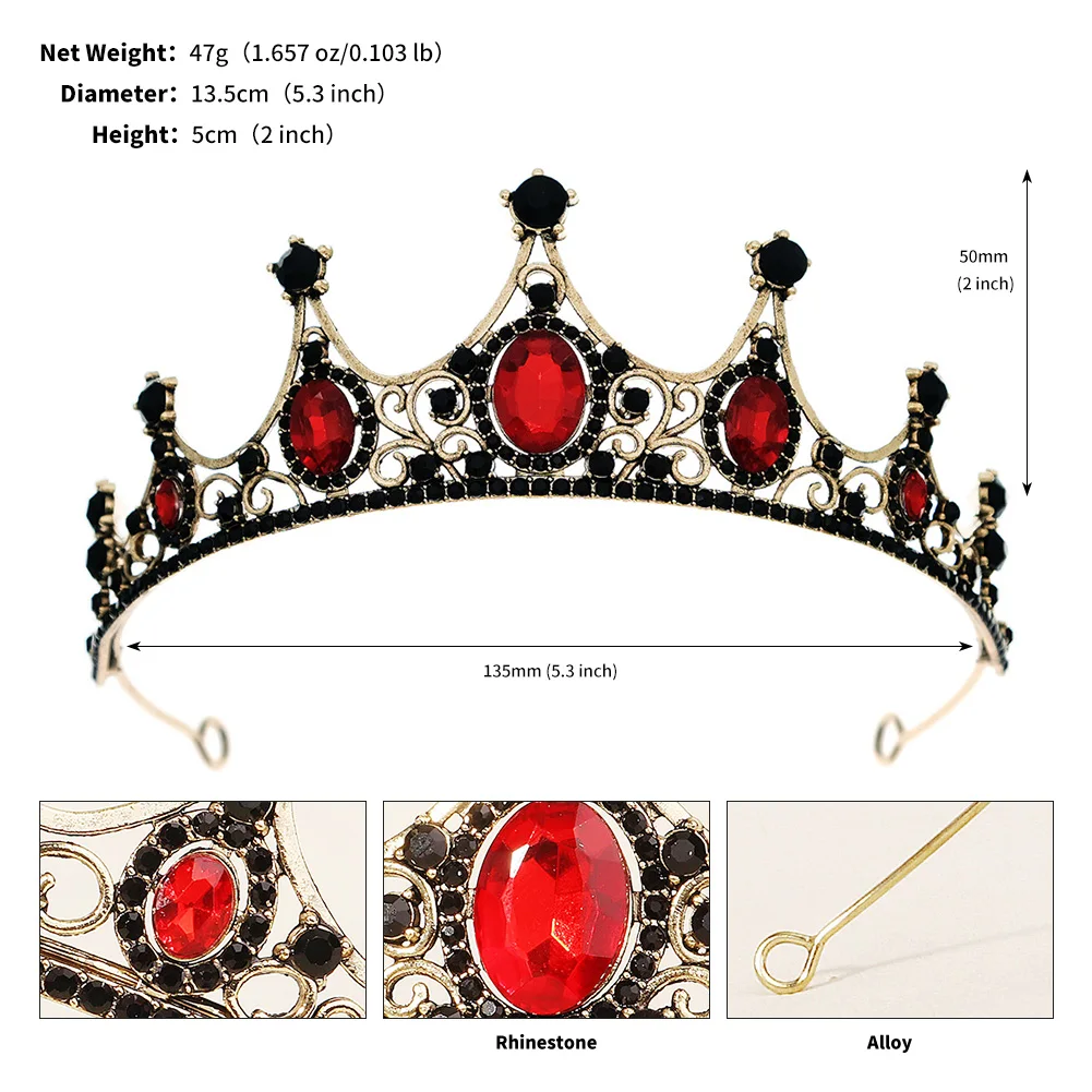 Halloween Vintage Prinzessin Königin Dunkle Krone Kopfbedeckung Kristall Tiara Für Frauen Rote Krone Haar Kleid Zubehör Schmuck – Detail 10