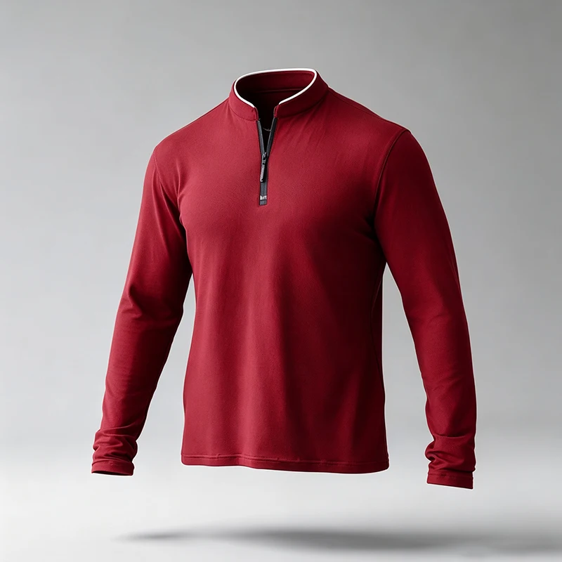 Herren-Bluse mit Stehkragen, halbem Reißverschluss und langen Ärmeln, aus glattem, dehnbarem, atmungsaktivem Stoff, vielseitig einsetzbar für das Büro, ein Basic-Bluse für den Herbst. – Detail 11