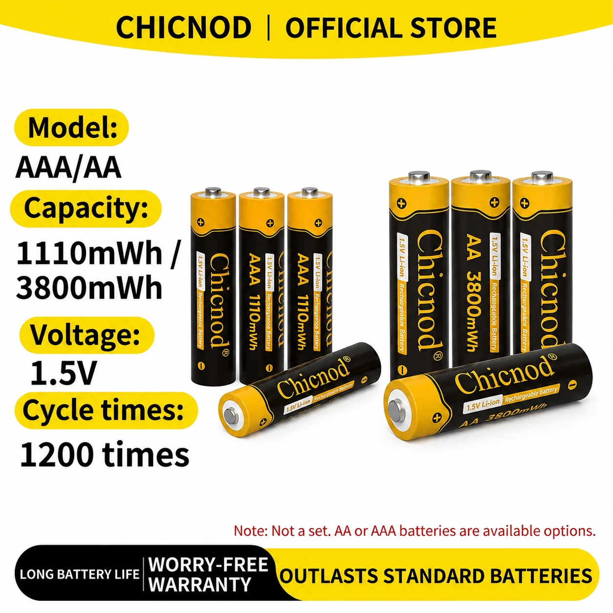 Chicnod 1.5V AA AAA Rechargeable Batteries 3800mWh 1110mWh USB-C Li-ion Battery Combo Pack for Home Office Devices