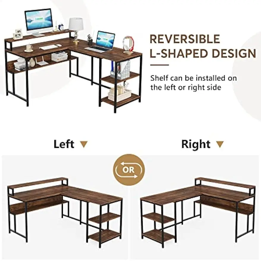 Mesa Em Forma De L Com Suporte De Monitor, reversível Canto Mesa Do Computador, Prateleiras De Armazenamento, Estudo Mesa De Escrita, Workstation, 59 pol