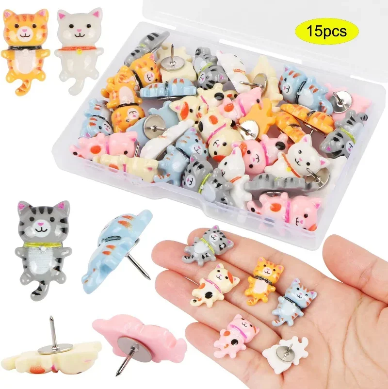 15 Peças de Alfinetes Decorativos de Resina em Formato de Gato, Tachinhas de Animais para Quadro de Cortiça, Fotos, Parede e Material de Escritório