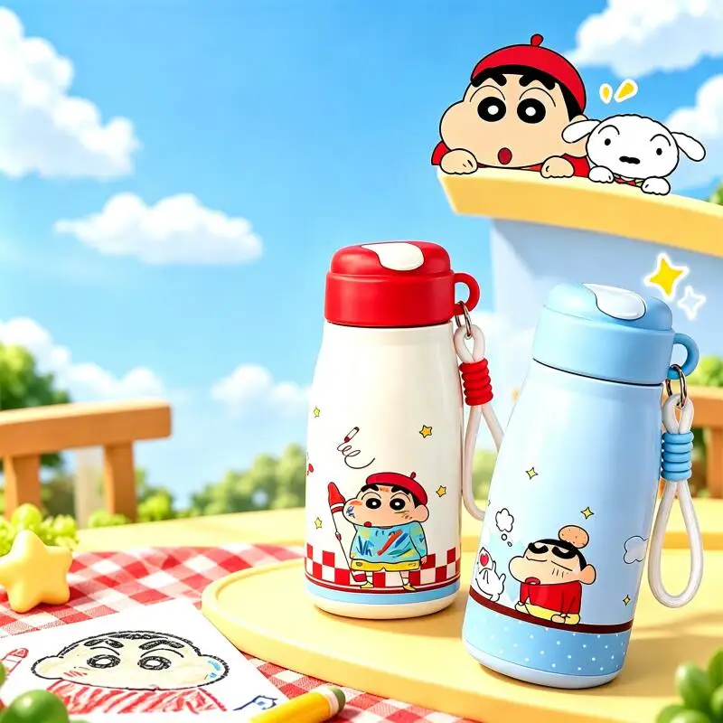 Cartoon Crayon Shin-Chan Thermos Cup Kawaii Japanese Anime Portable Stainless Steel Spring Lid Straw Cup Friend's Birthday Gift