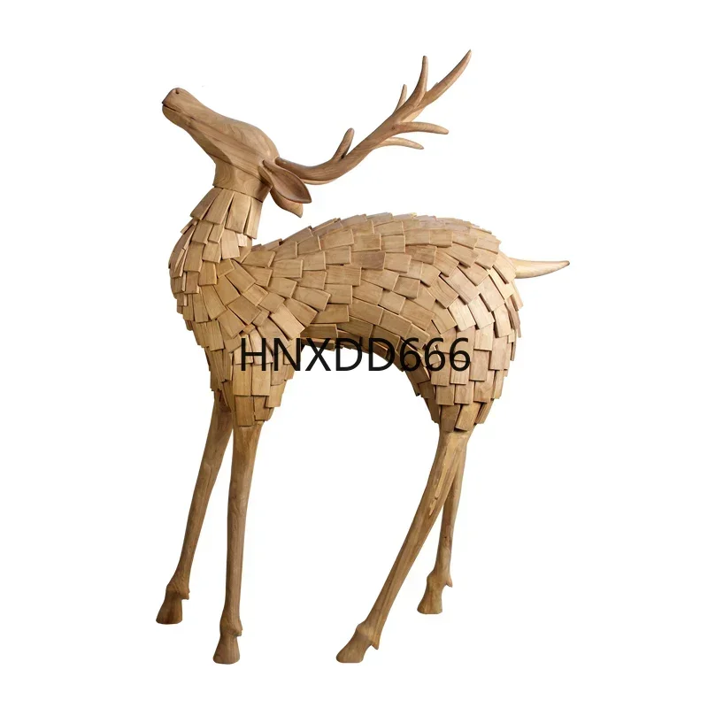 

Solid Wood Sculpture Deer Decoration Floor Indoor Large Soft Decoration Villa Shopping Mall Wood Carving Crafts