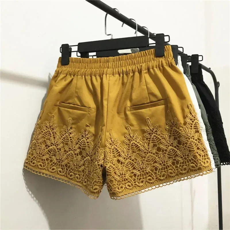 Spring Summer Lace Shorts Women Clothes Casual Harajuku High Waist Mini Shorts Feminino Loose Straight Wide Leg Shorts Q4014