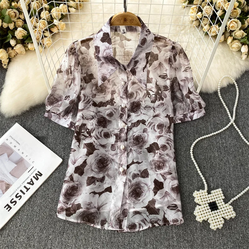 Summer Women Flower Printed Chiffon Shirt Jacket Lapel Single-breasted Short Sleeve Slim Korean Short Ladies Chiffon Blouse Tops