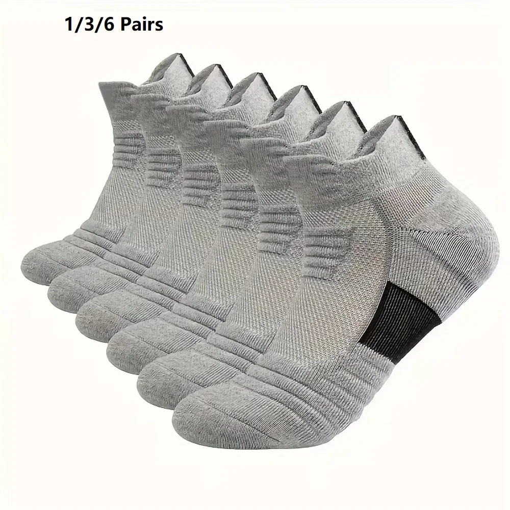 

1-6 Pairs New Men Sports Running Fitness Flight Short Tube Socks Women's Towel Bottom Basketball Socks Solid Color grey Sock
