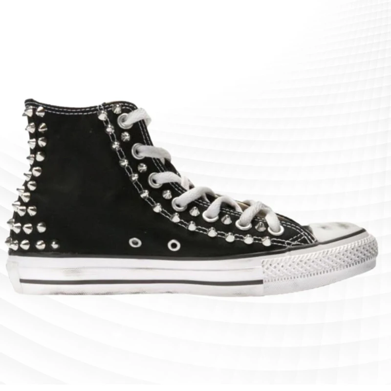Original black rivet hip hop punk shoes handmade custom made old large size men\'s and women\'s high top canvas sneakers 35-46