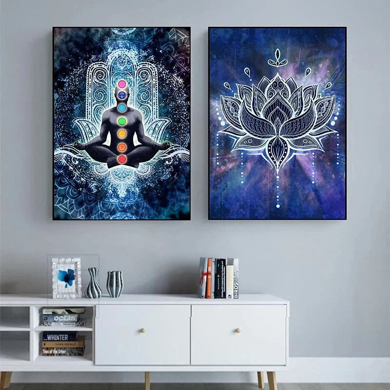 Indian Buddha Statue Meditation Chakra Mandala Print Art Canvas Poster for Living Room Decoration Home Wall Decor Picture