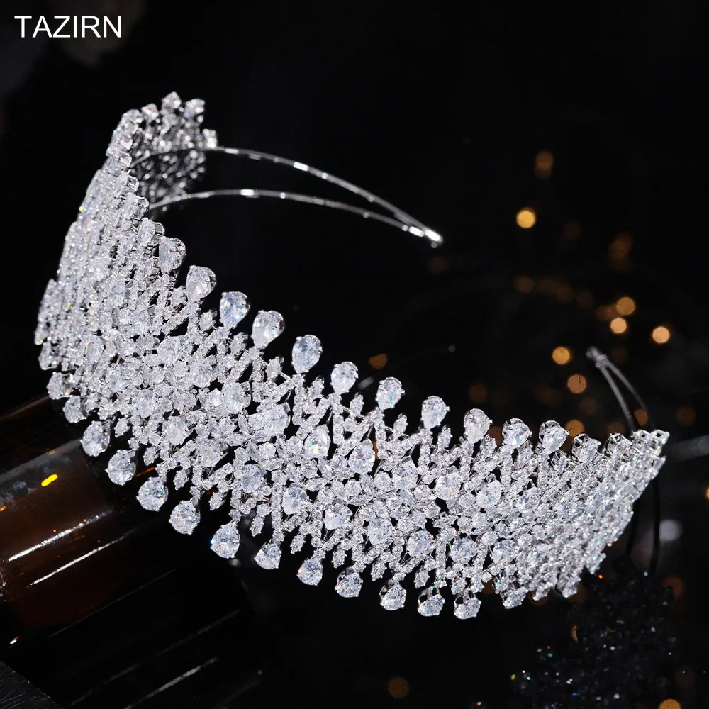 TAZIRN 5A Cubic Zirconia Bridal Wedding Big Headband Women Luxury Sparkling Handmade CZ Hairband Jewelry Head Accessories Gifts