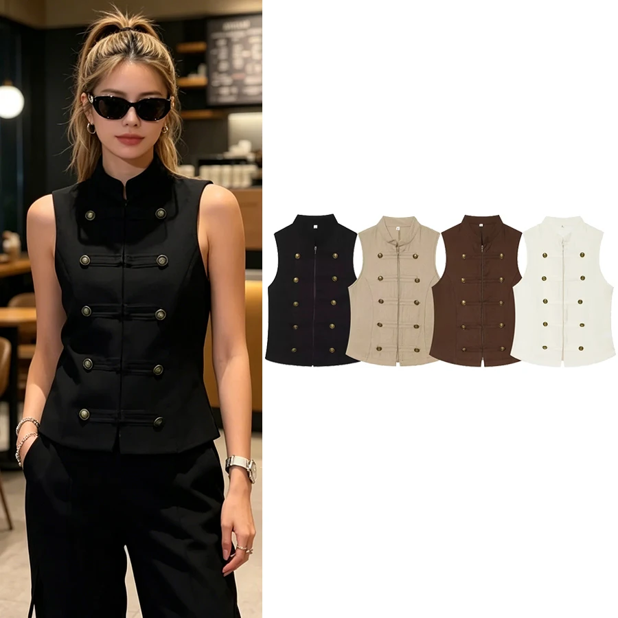 Women's Vintage Casual Chic Women Blouse O-Neck Double Breasted Sleeveless Blouse Fashion Summer Tops Holiday Vest Tops