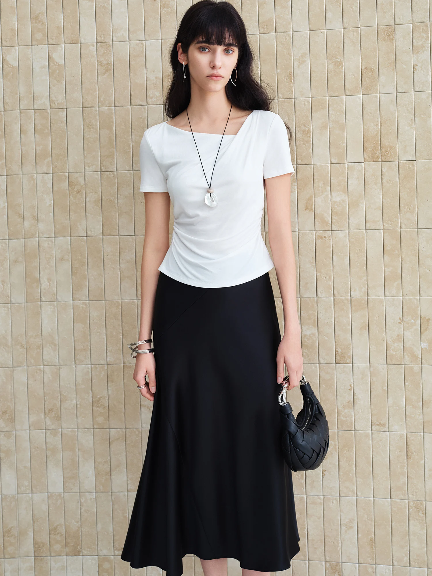 ZIQIAO Cool-Feel Fabric Short Sleeve T-Shirt for Women with Asymmetrical neckline and Side Waist Pleats Summer 2026 New Arrival