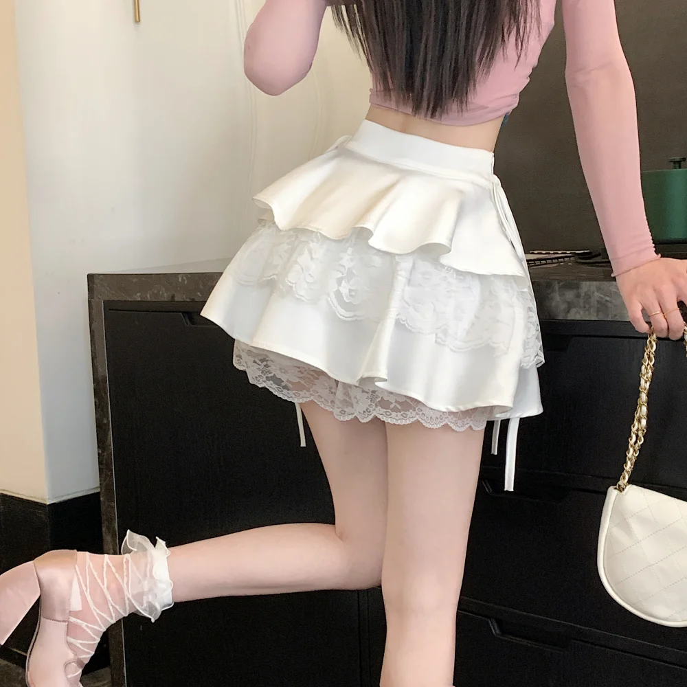 Ruffles Lace Mini Skirts Women Multilayer Cute Lolita Style Bandage High Waist Cake Skirt for Sweet Girls Kawaii Clothes