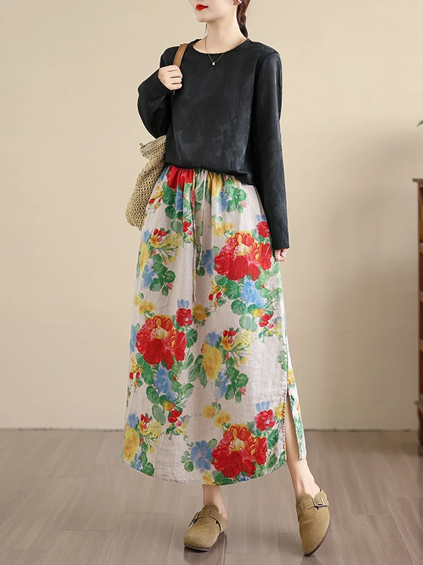 

Retro Floral Linen High Waist Loose Women's Midi Skirt Casual Spring Autumn Large Size A-Line Split Cotton Linen Skirt