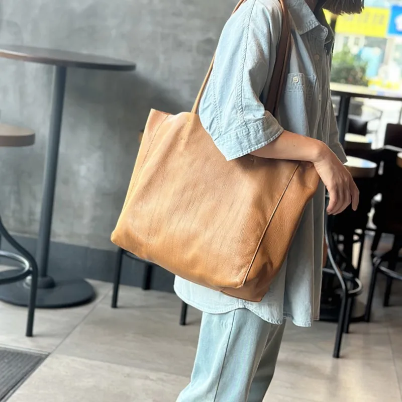 Johnature 2024 New Autumn Winter Large Bag Shopping Bag Genuine Leather Casual Simple Solid Color Lightweight Women Tote Bag