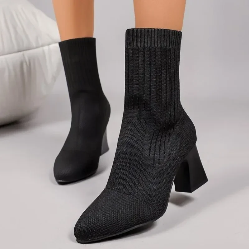 Fashion Ladies Knitted Sock Ankle Boots Pointed Toe Mid Block Heel Elastic Slip on Booties