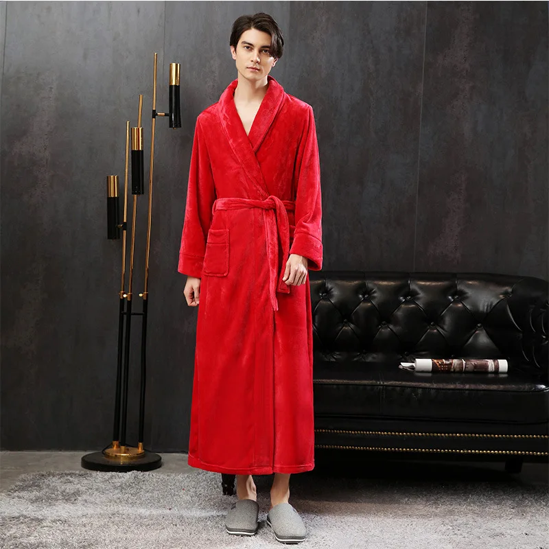 Thick Coral Fleece Sleepwear Bathrobe Gowm Winter Flannel Bride Bridegroom Red Long Robe Wedding Party Gift Loose Lover Homewear