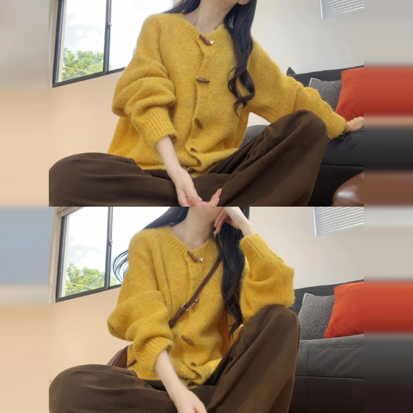 

Dopne Yellow Knitted Open Cardigan Women's Loose round Ne Sweater Unique Soft Single Buttoned Top for Autumn And Winter