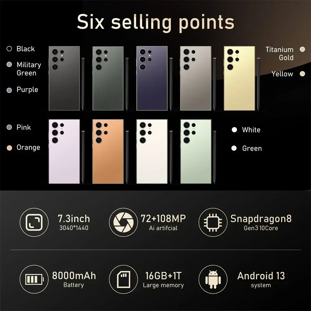 S24 Ultra Smartphone 7.3\'\' HD 5G Snapdragon 8 Gen3 16GB+1TB Android 14 7800mAh Cellphones Mobile Phones Face Unlocked Cell Phone