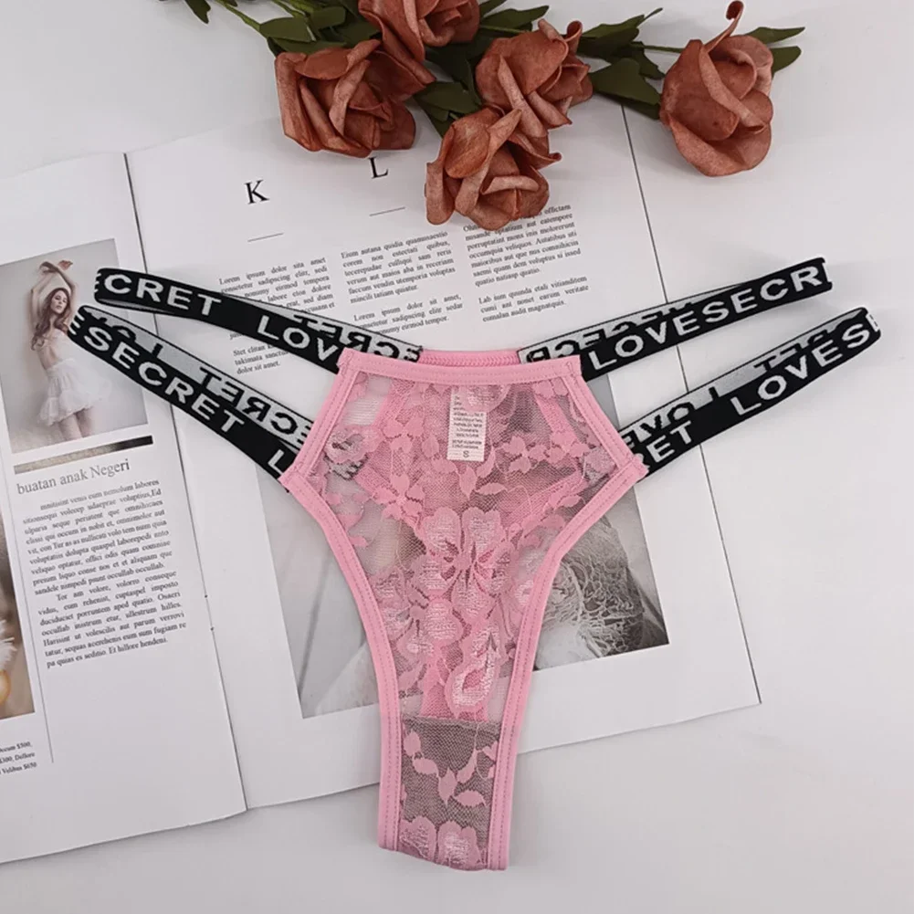 Tanga de encaje Sexy para mujer, bragas con cinturón fino con estampado de letras, lencería con espalda en T, ropa interior elástica de tiro bajo, pantalones eróticos