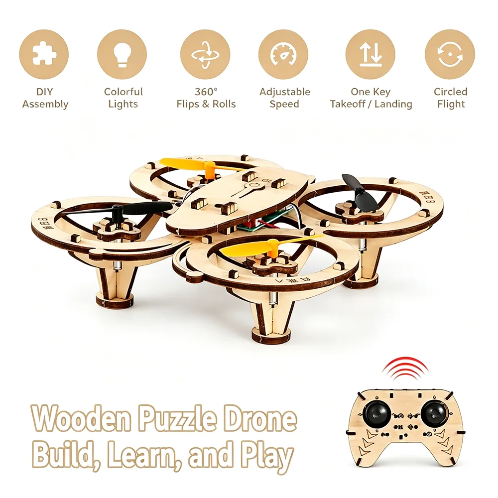 DIY Holz-Bau-Drohne Ferngesteuerter Quadcopter mit 360-Grad-Flip, Einstellbarer Geschwindigkeit, STEM-Lerngeschenk, Lehrreiches Spielzeug