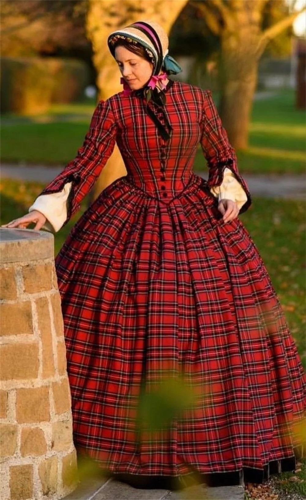 1850s Victorian Dickens Christmas Tartan Costume Dress 19th Century Vintage Historical Civil War Southern Belle Dress Ball Gown