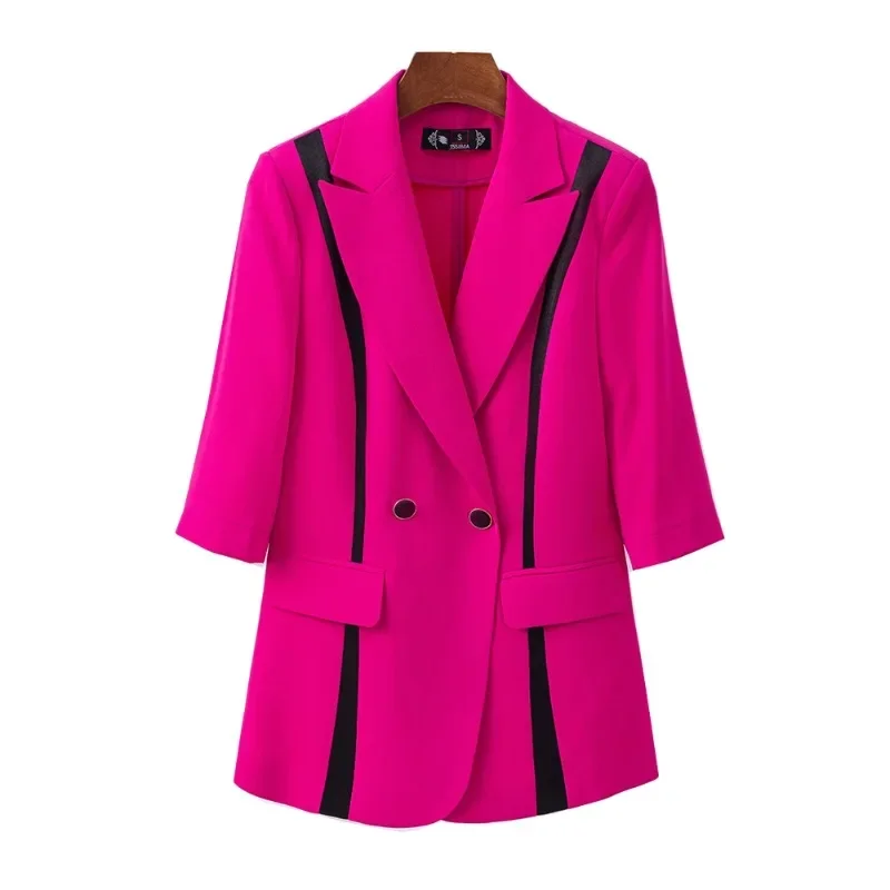 Spring Summer Women Formal Blazer Ladies Female White Pink Black Striped Three Quarter Sleeve Business Work Wear Jacket Coat