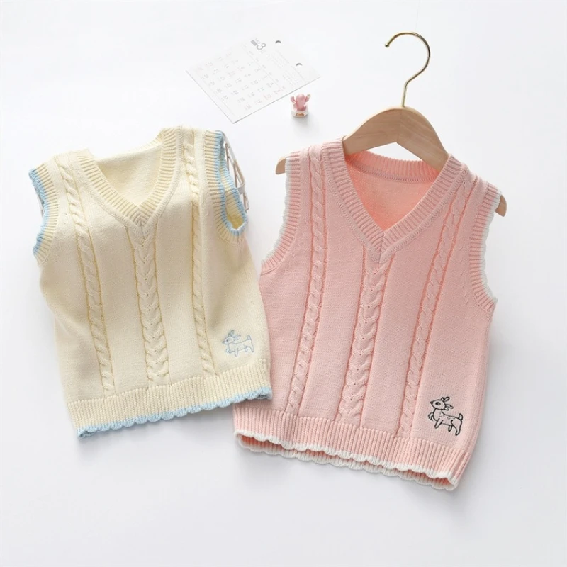 2024 new Beige Sweater Vest for Girls Baby Cotton Cartoon Pink Toddler Vest 1 2 3 4 5 6 7 8 9 10 Years Old Kids Clothes