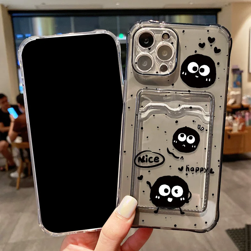 Korean Cute 3D Cartoon Black Briquettes Wallet Phone Case For iPhone 16 15 14 13 11 12 17 Pro Max 7 8 Plus SE Card Holder Cover