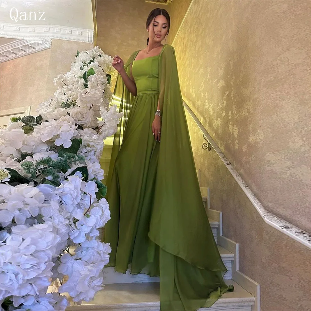 

Qazn Modest Silk Chiffon Evening Dresses Long A Line Saudi Arabia Formal Occasion Dresses With Cap Sleeves Event Party Dresses