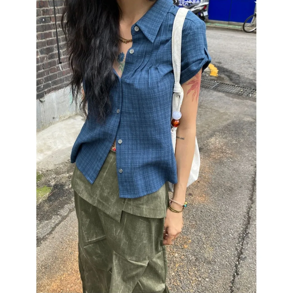 الرجعية منقوشة سليم صالح عادية لينة طوق ort Sve irt الأعلى المرأة Faion الربيع الصيف الهتاف نمط مطوية هيم #2