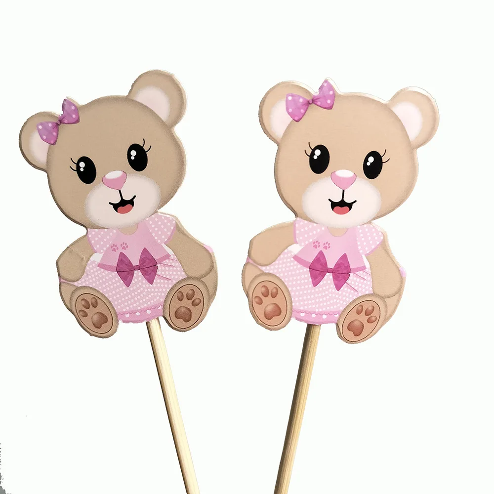 10pcs Pink Teddy Bear Card Fruit Sticks Disposable Bamboo Sticks Girls Happy Birthday Babyshower Party Decor Table Ornaments