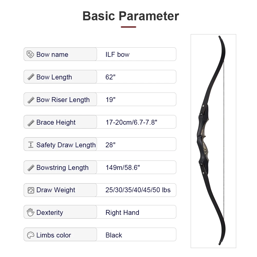 Toparchery 62 cali ILF Recurve Bow Tech Wood Insert kończyny 25-50lbs zdejmowany łuk do polowania na zewnątrz