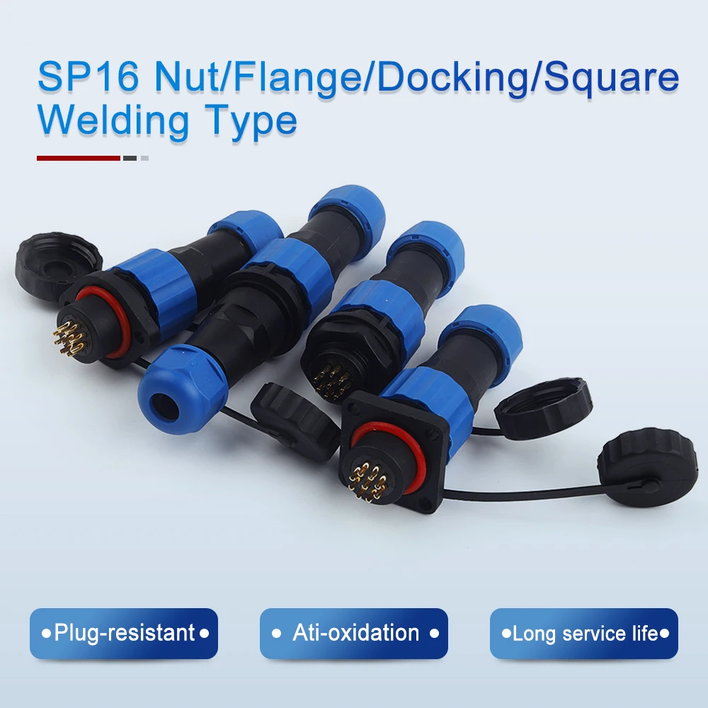 

SP16 Outdoor Waterproof Connector Nut/Flange/Docking/Square Welding Type 2/3/4/5/6/7/9 Pin IP68 Aviation Male Female Plug Socket