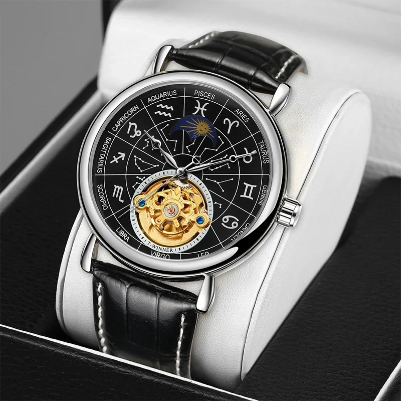 T-Winner Waterproof Moon Phase Skeleton Design WristWatch Arrival Men Mechanical Automatic Watches Reloj Para Hombre Watch