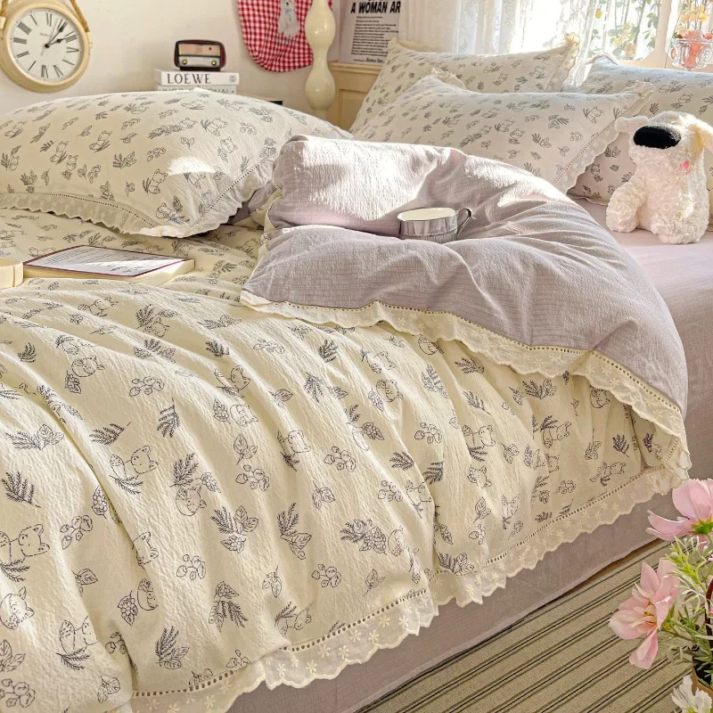 New small fresh printing French lace lace double four-piece set bedding wrinkled yarn student three-piece set