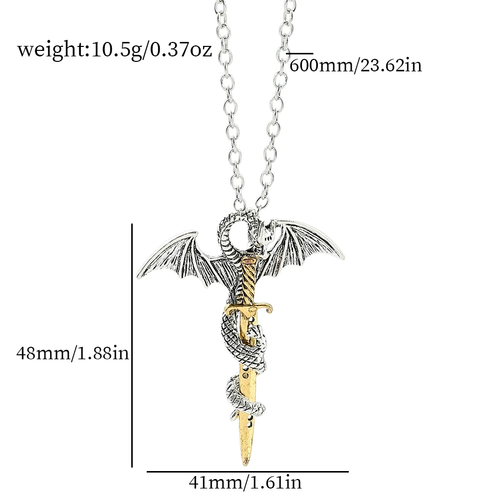 Fashion Vintage Charm Pterosaurs Sword Necklace Flying Dragon With Wings Rolled Pendant Cross Punk Party Jewelry Gifts