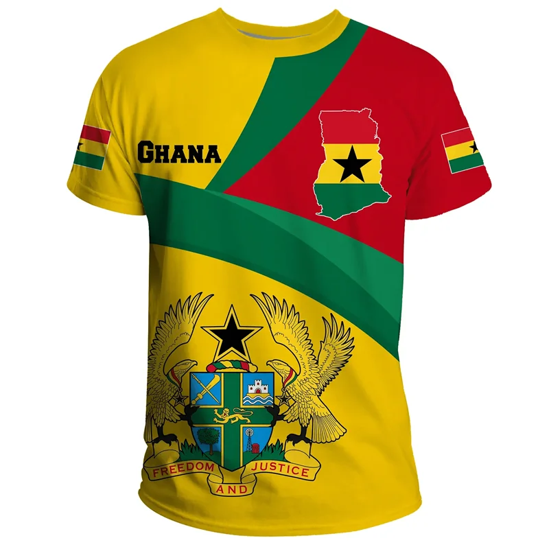3D printed African Ghanaian flag and emblem pattern men's T-shirt, football team jersey, summer outdoor sports training top