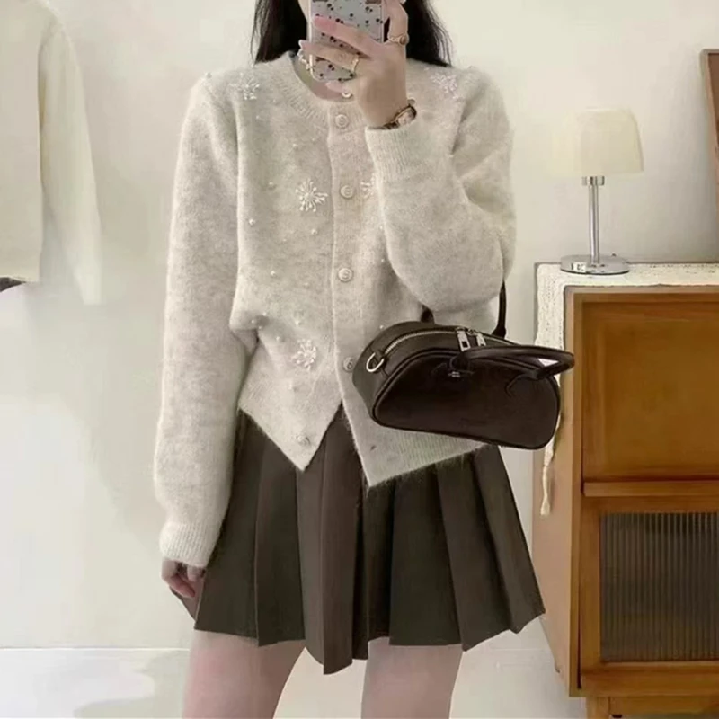 Cardigan perlé flocon de neige français pour femme, pull femme, col rond, tricots polyvalents, haut de veste, vêtements d'automne, nouveau