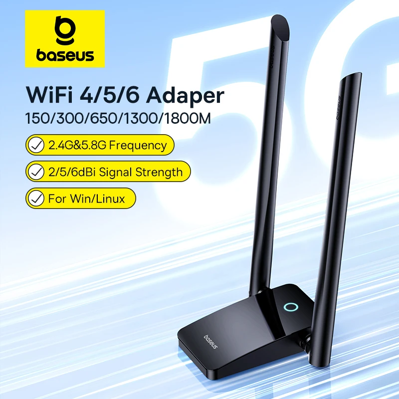 Baseus WiFi USB Adapter Dual Band 2.4G 5Ghz WiFi Dongle 1800Mbps Wifi 6/5 Antenna Wireless Receiver For PC Ethernet Network Card