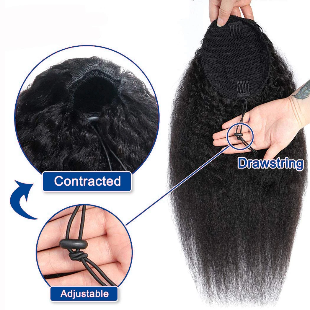 Kinky reta cordão rabo de cavalo envoltório em torno com clipes 1b cor natural yaki clipe reto em extensões de cabelo 100% cabelo humano