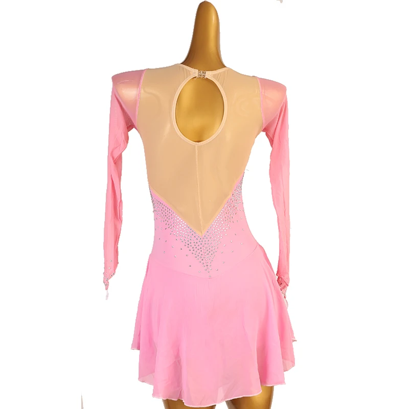 Figure Skating Dress Women girl Ice Skating Dress Gymnastics Costume custom pink crystal rhinestone  B203