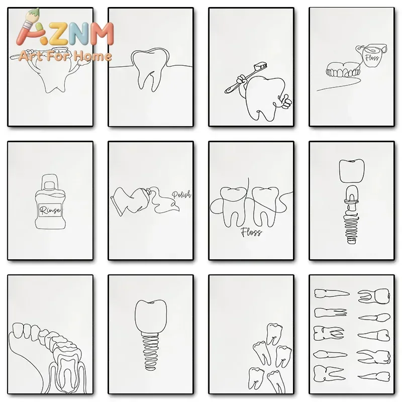 Canvas Painting Wall Art  Picture Minimalist Black Tooth Line Posters Prints Dentist Teeth Simple Sketch for Living Room Decor